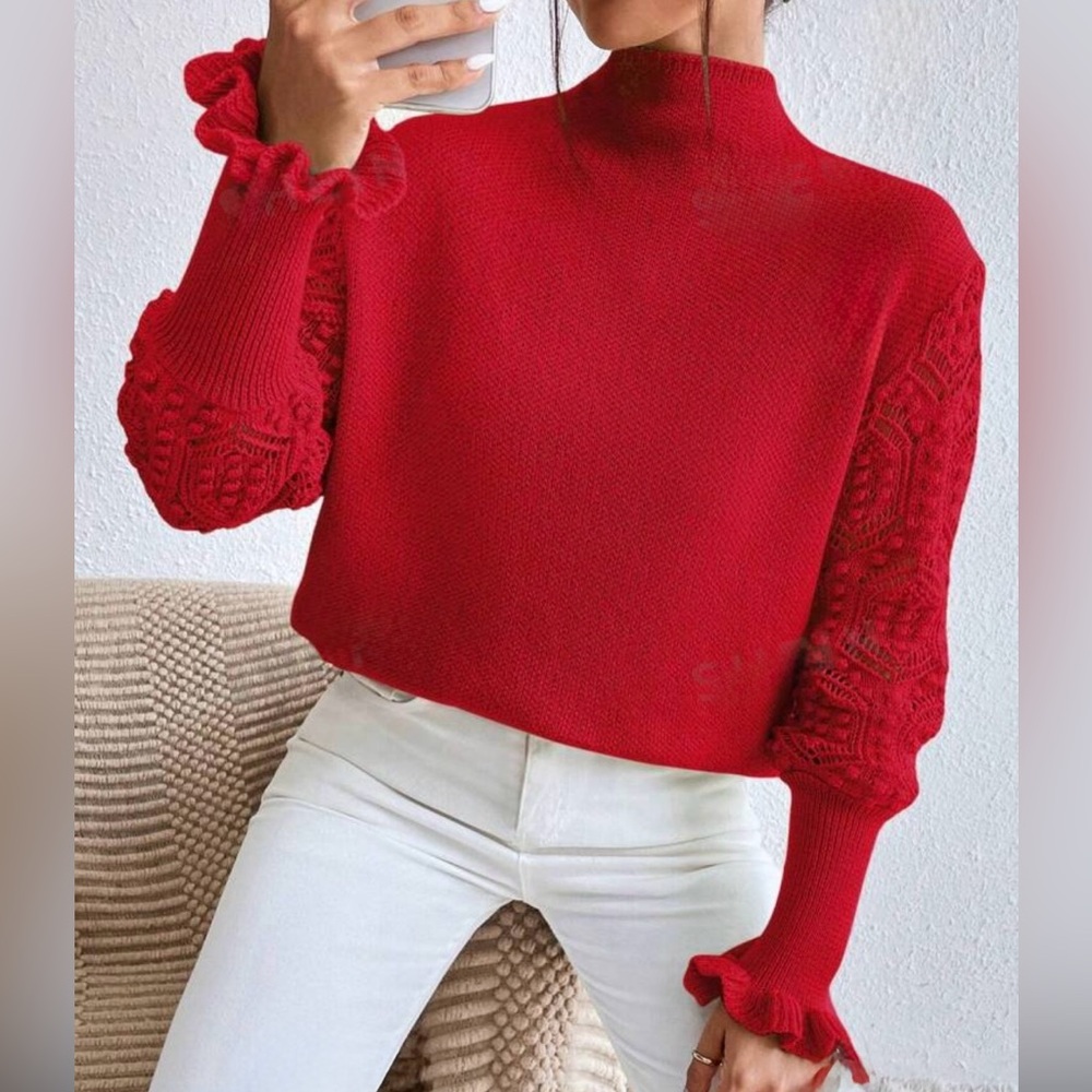 Boho Cozy Cowl High Neck Eyelet Detail Flounce Long Sleeve Sweater Top Red